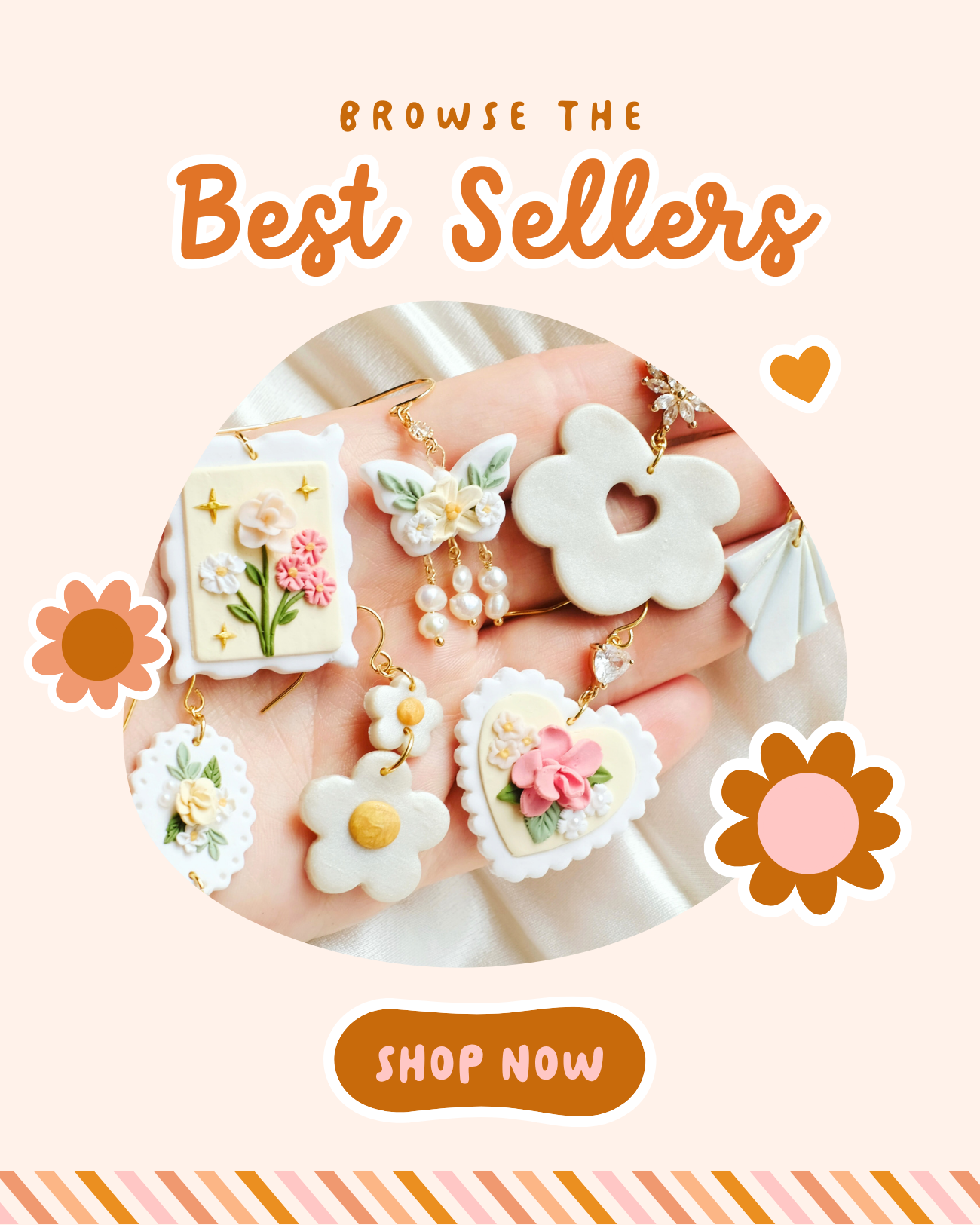 Browse the best sellers from my permanent collection! Many pairs to choose from, including floral stamp earrings, scalloped heart earrings with flowers, and butterfly earrings with dangling pear charms.