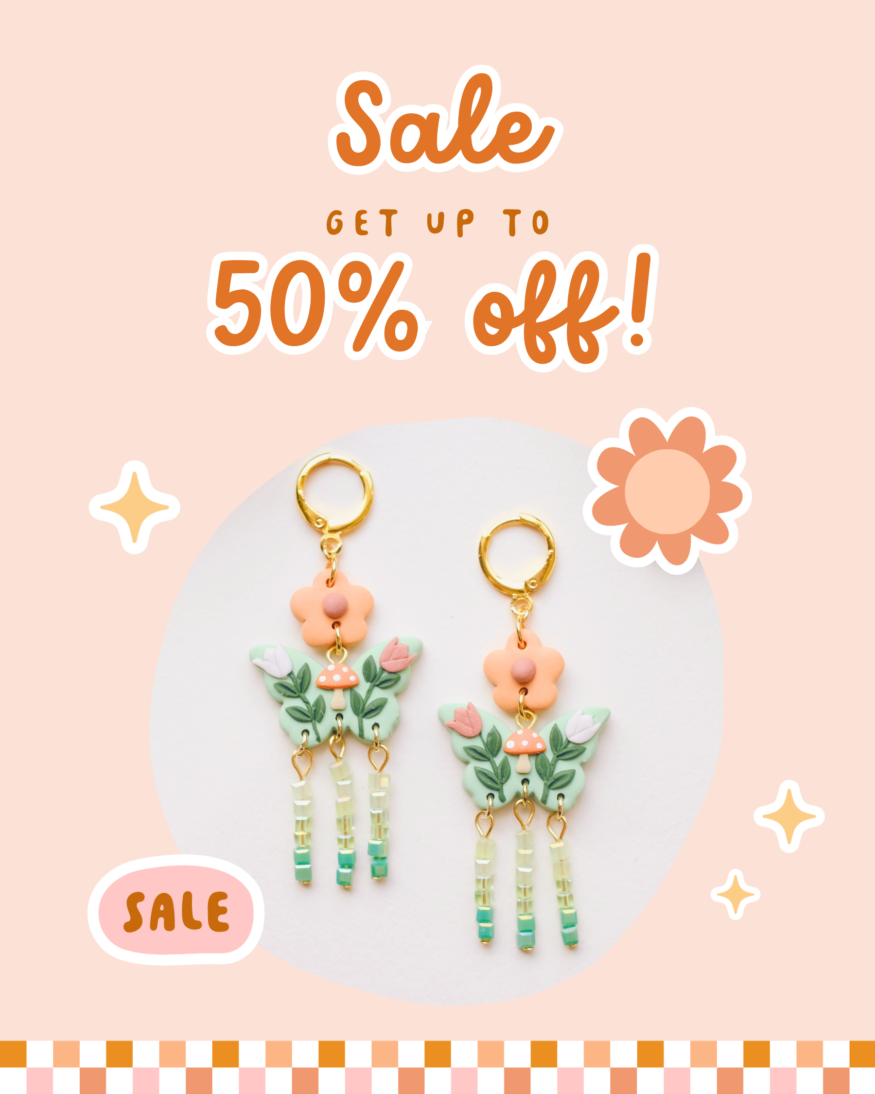 Get up to 50% off the sale items from my website, including earrings, accessories, stickers, and home goods!