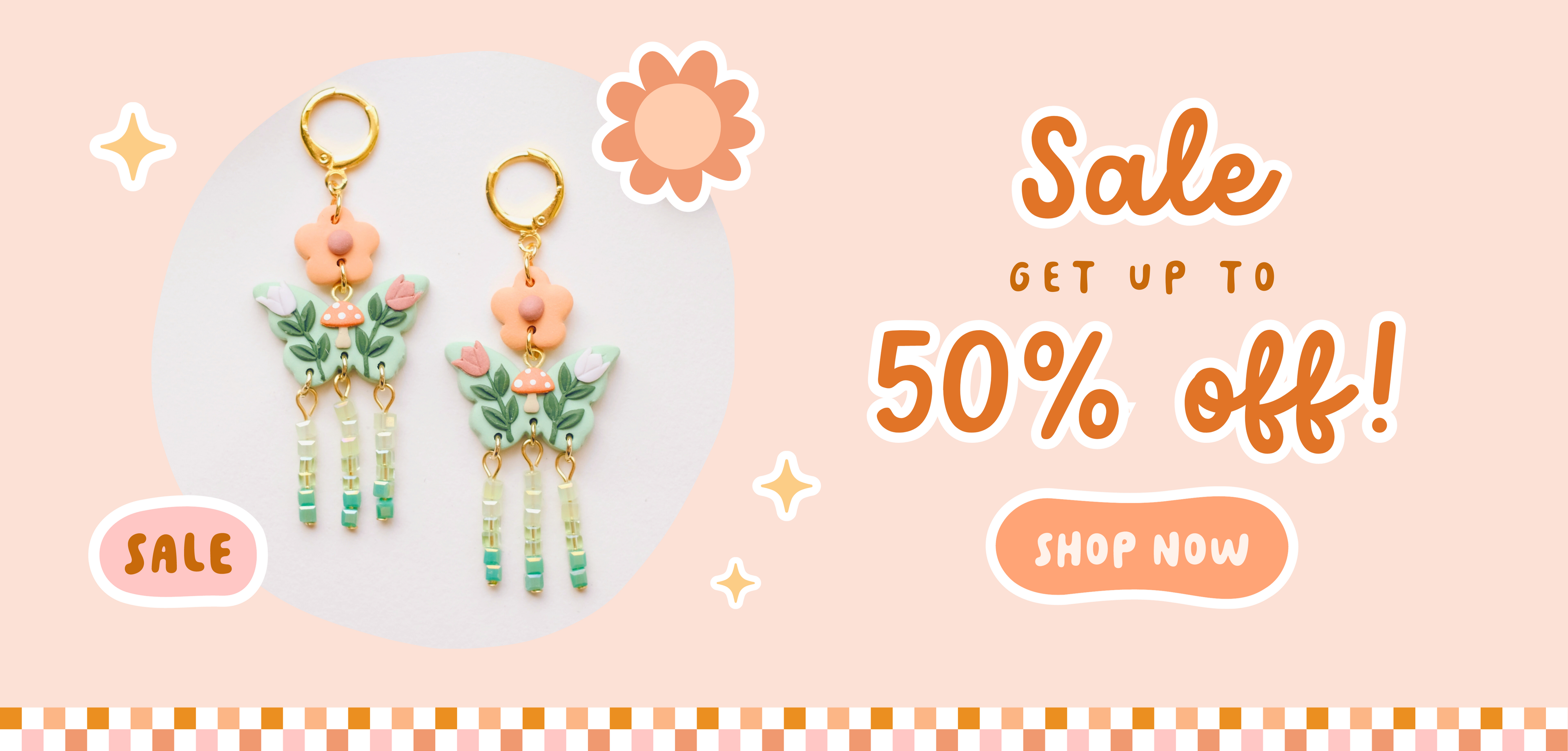 Get up to 50% off the sale items from my website, including earrings, accessories, stickers, and home goods!